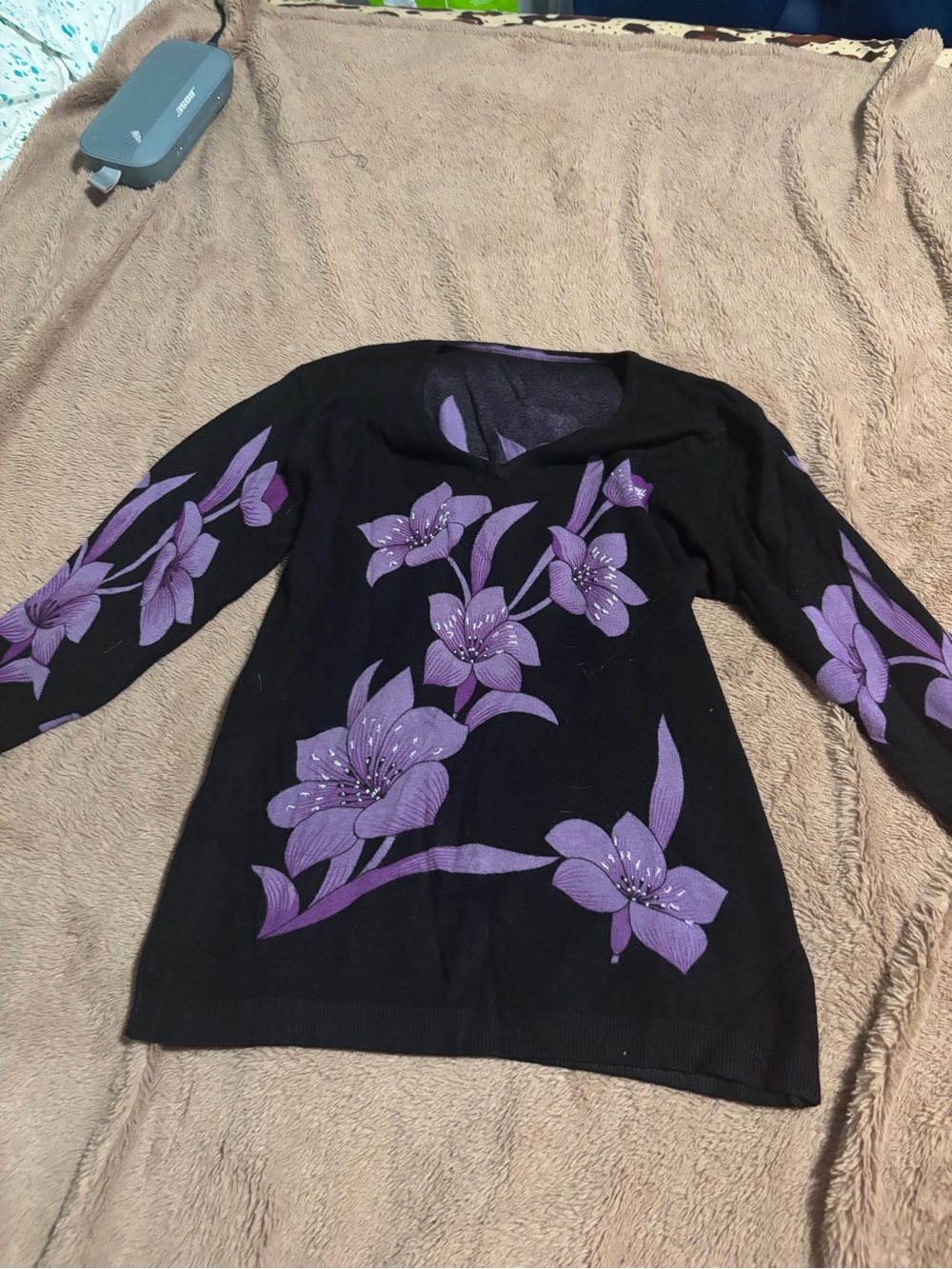 Black Sweater with Purple Floral Design
